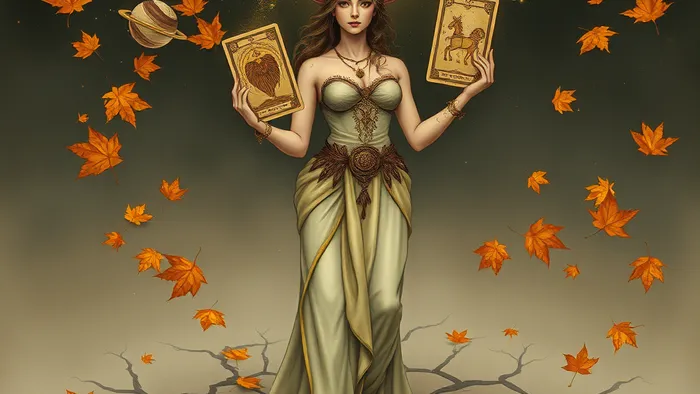 Символическое изображение Тельца в октябре: фигура со знаками земли держит карты Таро Императрица и Колесница, окруженная осенними листьями и астрологическими символами.