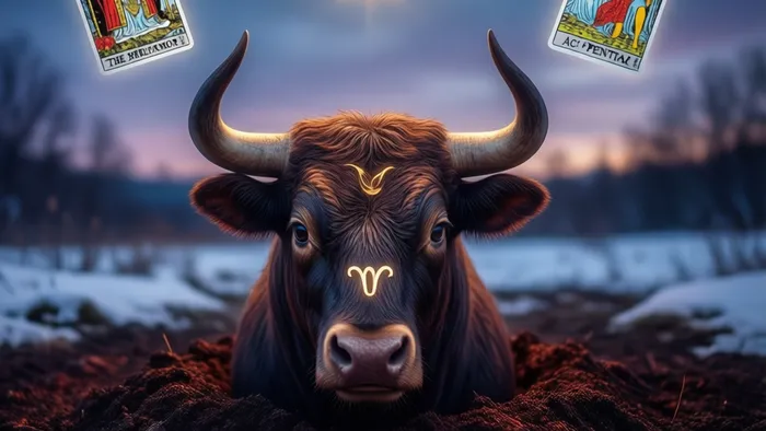 Символическое изображение знака Телец, сливающегося с землей, и парящих над зимним пейзажем карт Таро Император и Туз Пентаклей под яркой звездой.