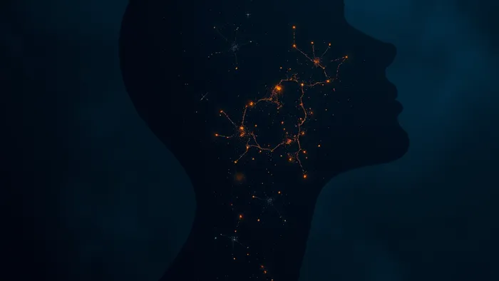 Символическое изображение человеческого силуэта с проекцией звездной карты на кожу, где проблемы с кожей показаны как созвездия. Концепция тела как карты души.