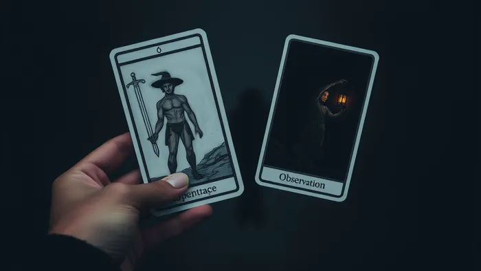 Символическое изображение выбора между конфронтацией и наблюдением через две карты Таро, лежащие на отражающей поверхности.