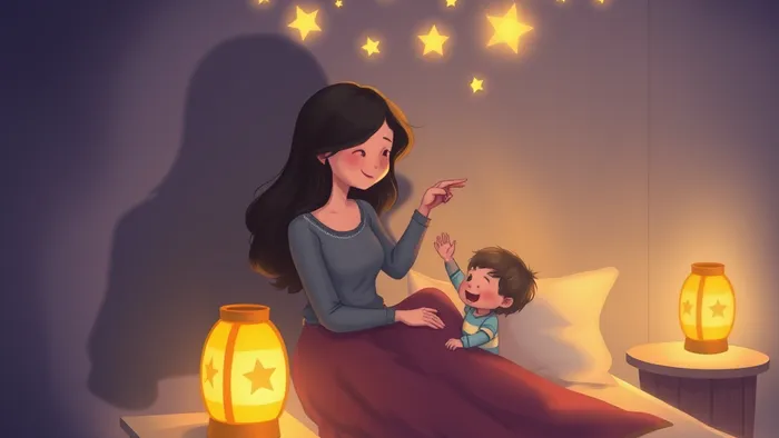 Мама и ребенок сидят на кровати в полутьме. Тень в углу комнаты превращается не в монстра, а в созвездие дружелюбных звезд и символов из карт Таро, создавая атмосферу таинственного, но безопасного уюта.