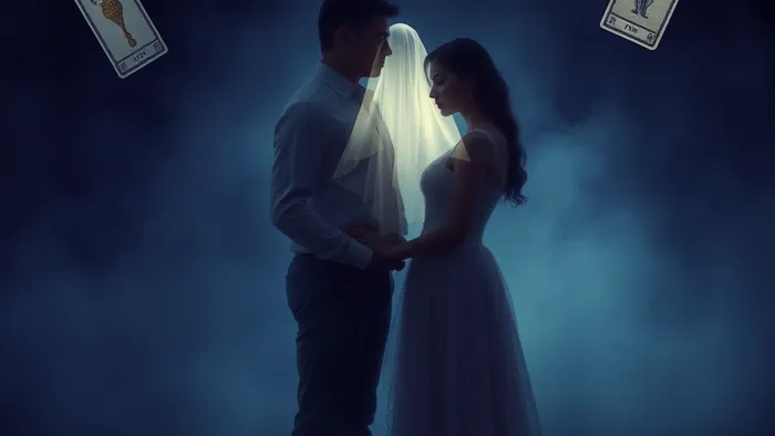 Символическое изображение ревности к прошлому: пара в настоящем и призрак прошлых отношений между ними, вокруг парят карты Таро Луна, 6 Кубков и Дьявол.