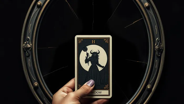 Символическое изображение Тени в Таро: карта в руке и её отражение в разбитом зеркале, показывающее скрытые аспекты личности.