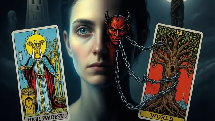 Символический коллаж: фигура человека с двумя лицами, смотрящими на Арканы Жрица и Дьявол. Цепи Дьявола превращаются в древо мира. На заднем плане — очертания Башни и Повешенного.