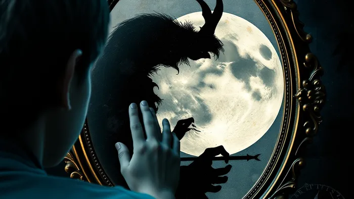 Символическое изображение работы с Тенью через Таро: человек смотрит в зеркало, в котором отражается карта Луны, окружённая другими архетипическими тенями.