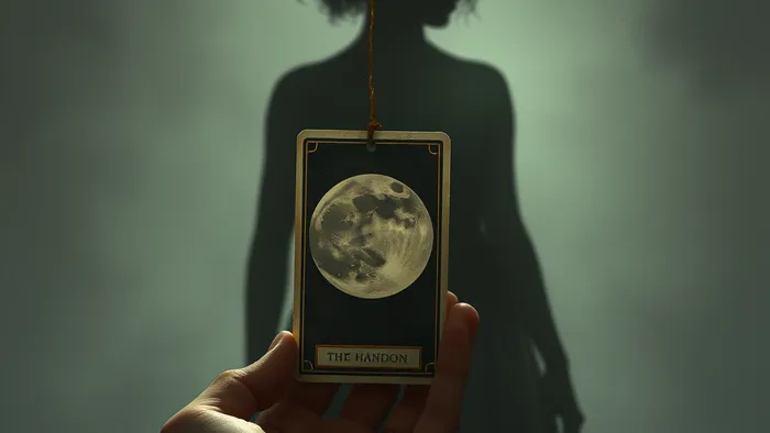 Символическое изображение связи настоящего и прошлого через карту Таро: рука взрослого держит карту, а за ней — призрачная тень ребенка.