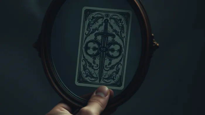 Рука держит зеркало, в котором отражается не лицо, а карта Таро — символ скрытых истин и саморефлексии.