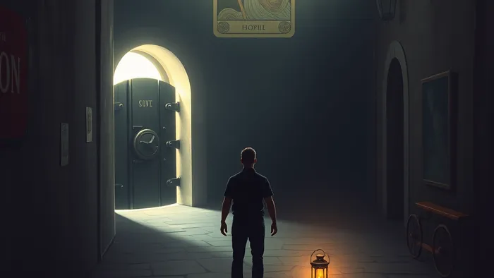 Символическое изображение человека на перекрёстке: путь к банку закрыт, но есть альтернативная тропа с фонарём и планом. Над сценой видна полупрозрачная карта Таро, дающая совет.