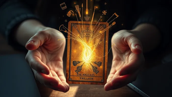 Руки держат старинную карту Таро, из которой исходит золотой свет и символы талантов, сливающиеся с современными предметами на столе.