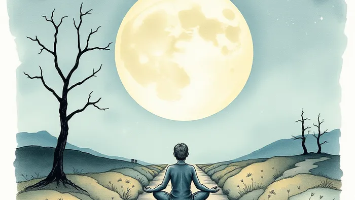 Символическая иллюстрация карты Таро Луна в терапевтическом ключе: умиротворяющий лунный пейзаж с фигурой в медитации на переднем плане.