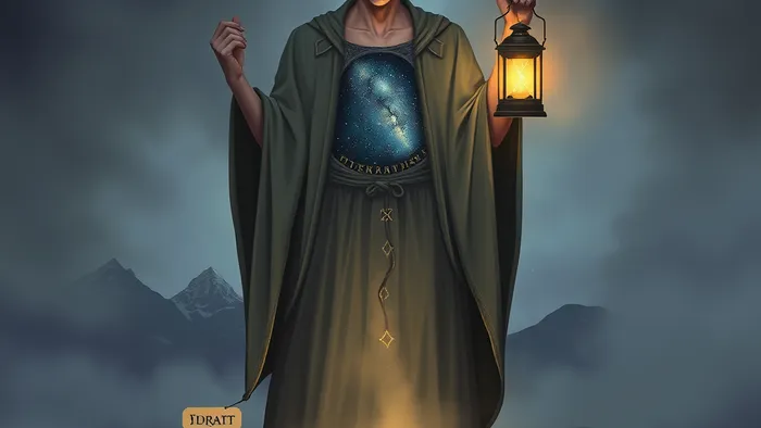 Символическое изображение архетипа Отшельника из Таро: фигура на вершине горы освещает фонарем свой внутренний мир, демонстрируя концепцию интроспекции и самопознания.