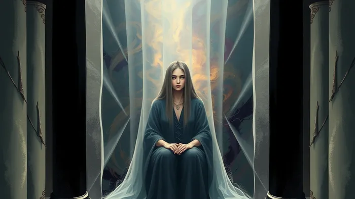 Символическое изображение аркана Жрица Таро как портала в бессознательное: за полупрозрачной завесой видны абстрактные цвета и тени, олицетворяющие внутренний мир и Тень.