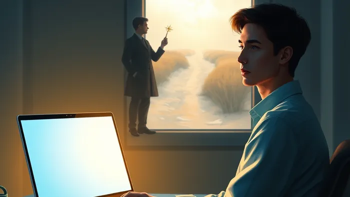 Символическое изображение человека на работе: внешне он сосредоточен на задачах, но в отражении окна виден его образ, смотрящий в будущее с компасом в руках.