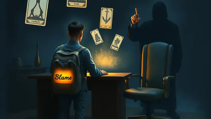 Символическая иллюстрация токсичной рабочей пары: обременённый сотрудник и обвиняющая тень, с плавающими между ними картами Таро (Повешенный, 5 Мечей, Башня)