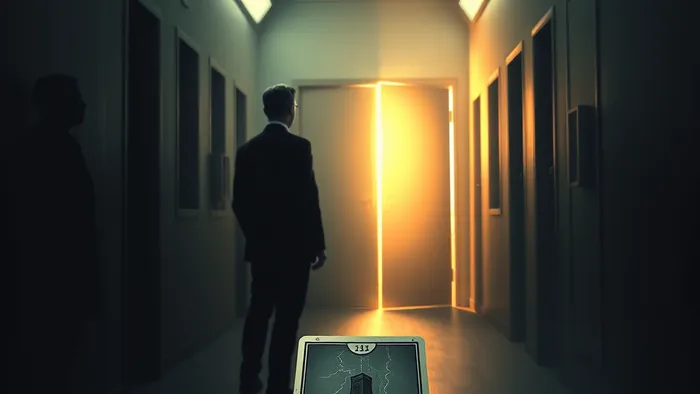 Символическое изображение выбора на токсичной работе: человек на перекрестке офисного коридора, освещенного мертвенным светом и теплым солнцем. На переднем плане — карта Таро 'Башня'.