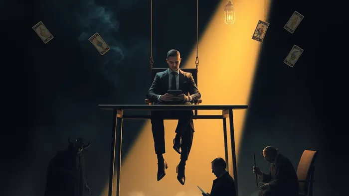 Символическое изображение человека, сохраняющего спокойствие и профессиональную позицию (аркан Повешенный) в центре офисного хаоса, где тени интриг (арканы Дьявол и Император) бушуют вокруг. Свет истины (фонарь Отшельника) падает только на работу.