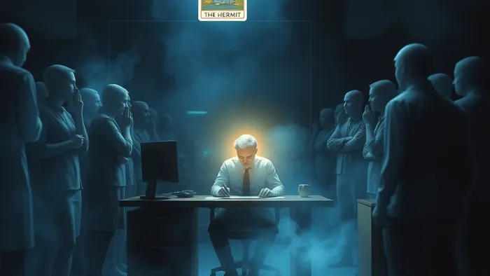 Символическое изображение человека, сохраняющего спокойствие и внутренний свет (аркан Отшельник) в токсичной офисной атмосфере, полной шепота и интриг.