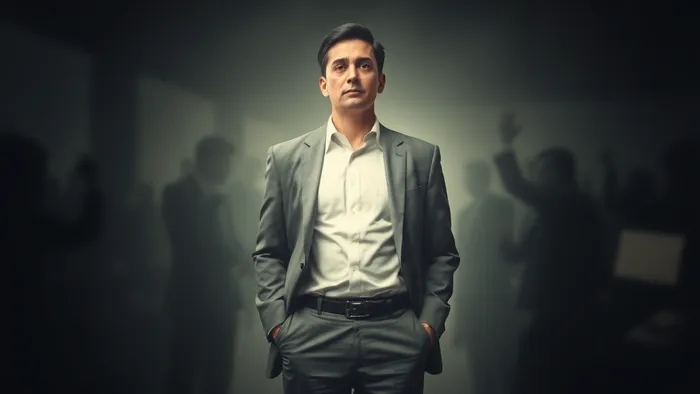 Символическое изображение человека, сохраняющего спокойствие и внутренний свет в центре хаотичного, наполненного интригами офисного пространства.