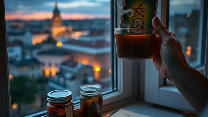 Человек сидит на подоконнике в новом городе на фоне сумерек, держа в одной руке карту Таро Звезда, а в другой — чашку чая. На подоконнике — банка с вареньем и блокнот. Символ интеграции прошлого и настоящего.