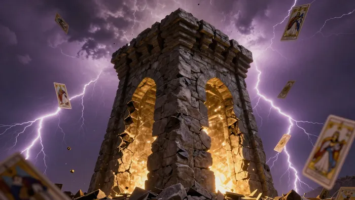 Стилизованное изображение разрушающейся башни с золотым свечением внутри как символ психологической трансформации и освобождения.