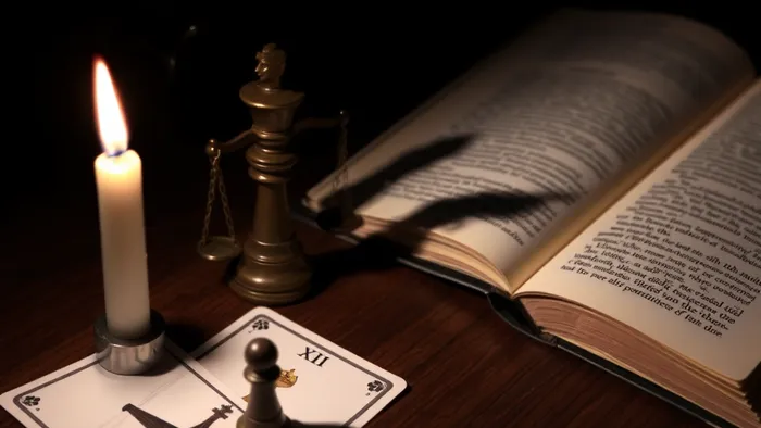 Аркан Справедливость из колоды Таро, свеча и книга Юнга на столе, символизирующие связь карт, психологии и работы с внутренней Тенью.