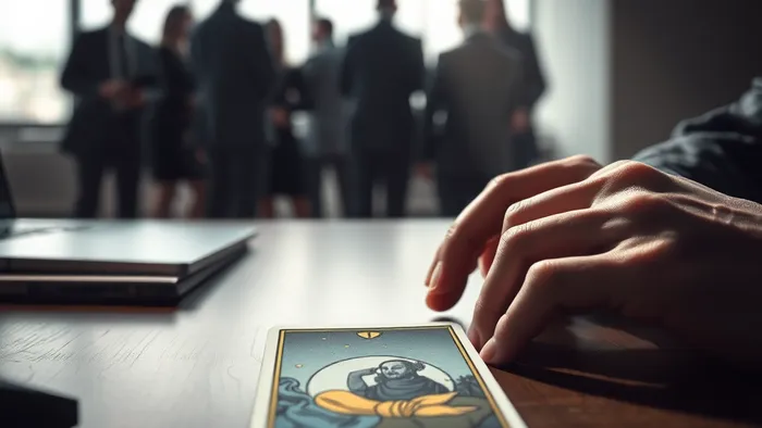 Карта Таро 'Сила' лежит на офисном столе в луче света, в то время как фигуры коллег размыты на заднем плане. Символ поиска внутреннего ресурса в ситуации конфликта.