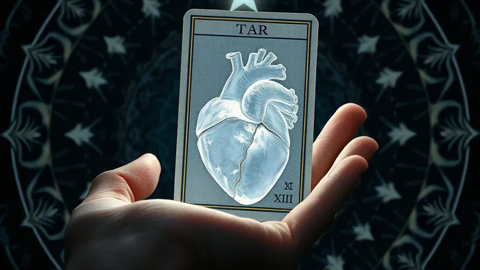 Символическое изображение исцеления травмы через карты Таро: рука держит карту Звезда, свет от которой исцеляет хрустальное сердце на фоне звёздного неба и юнгианских узоров.