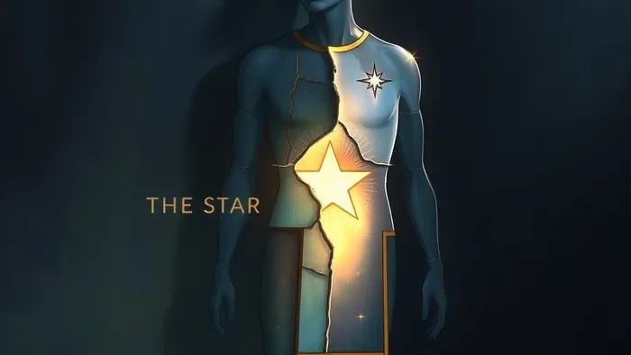 Символическое изображение: фигура из витражного стекла с трещиной, через которую проецируется свет в форме карты Таро 'Звезда'. Метафора травмы и просветления.