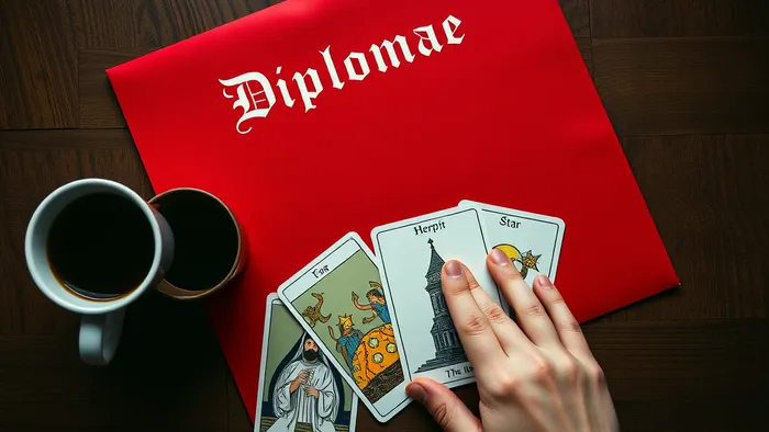 Символическая композиция: красный диплом и три карты Таро на столе, решение о пересдаче экзамена