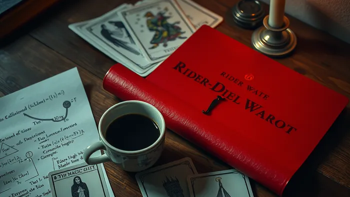 Символическое изображение дилеммы студента: красный диплом, карты Таро Маг, Башня и 3 Мечей, разбросанные формулы и чашка кофе на столе при свече.