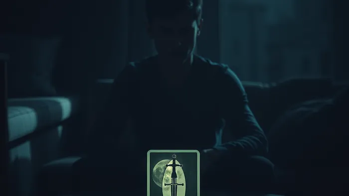 Человек в собственной квартире испытывает тревогу. На столе перед ним лежит карта Таро Луна, подсвеченная мягким светом.