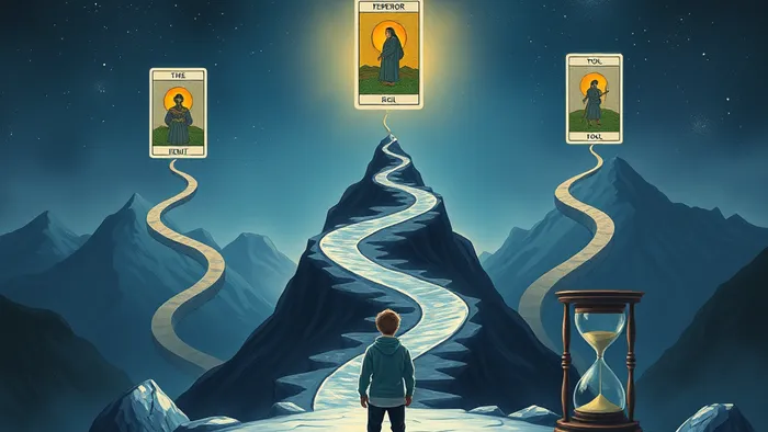 Символическое изображение выбора пути подготовки к трем экзаменам. Три горные тропы, освещенные картами Таро Император, Отшельник и Шут. На переднем плане — песочные часы на три месяца.