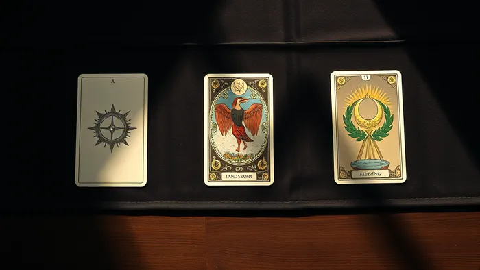 Три карты Таро, разложенные в ряд на темной бархатной ткани: прошлое, настоящее и будущее. Мистическая, минималистичная композиция.
