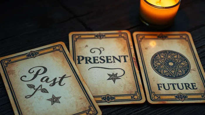 Три карты Таро, выложенные в ряд на темной деревянной поверхности в свете свечи: схема расклада Прошлое, Настоящее, Будущее.