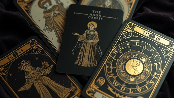 Три карты Таро, образующие треугольник на тёмном бархате: Маг, Верховная Жрица и Мир. Символика расклада на три карты.