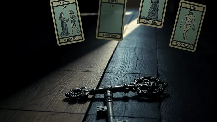 Старинный ключ лежит на тёмном деревянном полу. Вокруг парят три полупрозрачные карты Таро: Влюблённые, Колесо Фортуны и Повешенный. Тайная, символическая сцена.