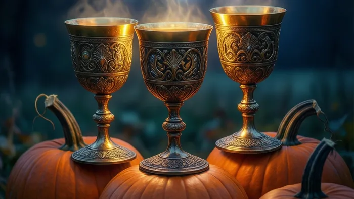 Символическое изображение Тройки Кубков Таро: три сияющих кубка подняты в тосте на фоне сумерек и спелых плодов. Символ праздника и глубоких эмоций.