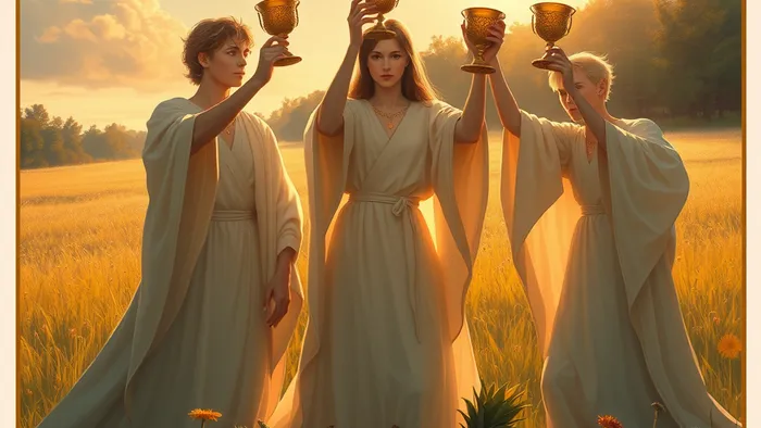 Три фигуры в лугах поднимают кубки в золотый час — визуализация медитации на аркан Тройка Кубков Таро.