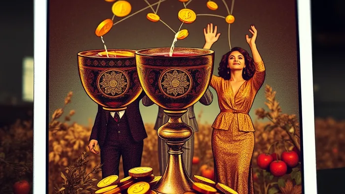 Арт-коллаж: карта Таро Тройка Кубков, переплетённая с символами финансов — золотые монеты, сети связей, современный деловой праздник на фоне урожая.