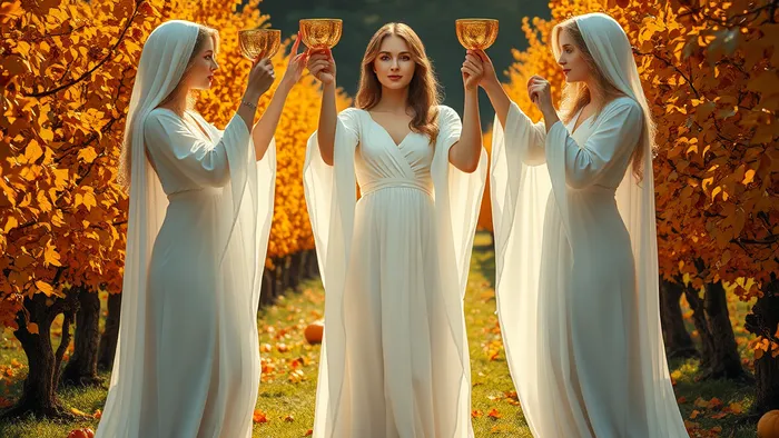Фотографически детализированное изображение карты Таро Тройка Кубков: три женщины в светящихся одеждах поднимают чаши для тоста в осеннем саду, окружённые плодами и тыквами.