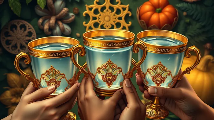 Три золотых кубка с водой в руках на фоне зелени — символ Тройки Кубков в Таро, праздника и изобилия.