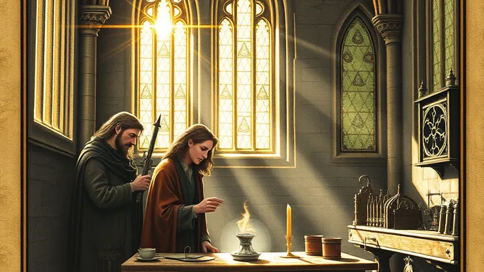 Символическое изображение сцены Тройки Пентаклей Таро: три фигуры работают вместе в интерьере собора, на стене встроены три монеты-пентакля.