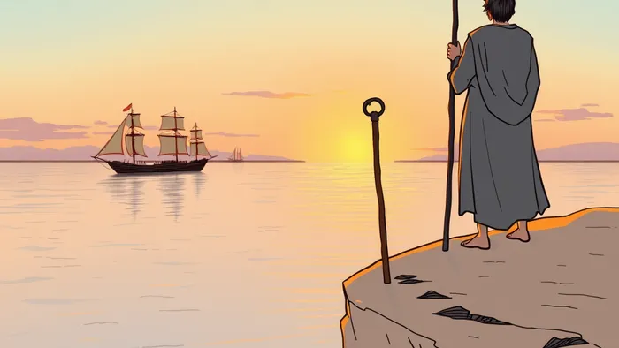 Символическое изображение Тройки Жезлов Таро: фигура на утёсе смотрит на парусники вдаль, олицетворяя планирование и ожидание в контексте любви и отношений.