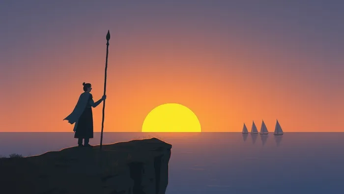 Символическая иллюстрация Тройки Жезлов Таро: фигура на уступе с тремя посохами смотрит на три корабля в море на фоне заката.