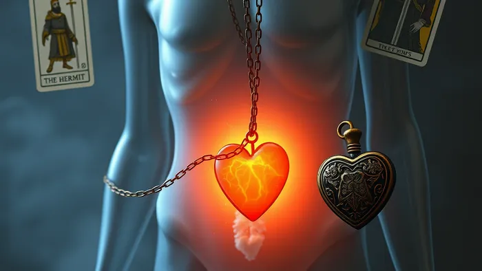 Символическое изображение связи между воспаленным мочевым пузырем и закрытым сердцем, окруженное картами Таро (Отшельник, Башня, Рыцарь Мечей)