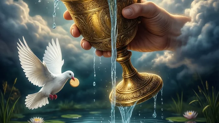 Детализированное изображение карты Таро Туз Кубков: золотой кубок в руке из облака, из которого льется вода в пруд, голубь с облаткой. Символ нового эмоционального начала.