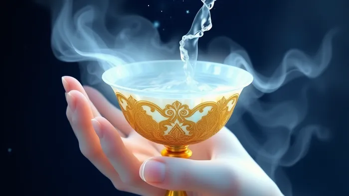 Символическое изображение Туза Кубков: чаша из перламутра, из которой переливается через край чистая вода, рука, протянутая из тумана, на фоне звёздного неба.