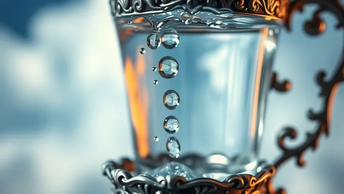 Крупный план капель чистой воды, сливающихся на поверхности старинной серебряной чаши на фоне размытых облаков — визуальная метафора Туза Кубков и медитации на него.