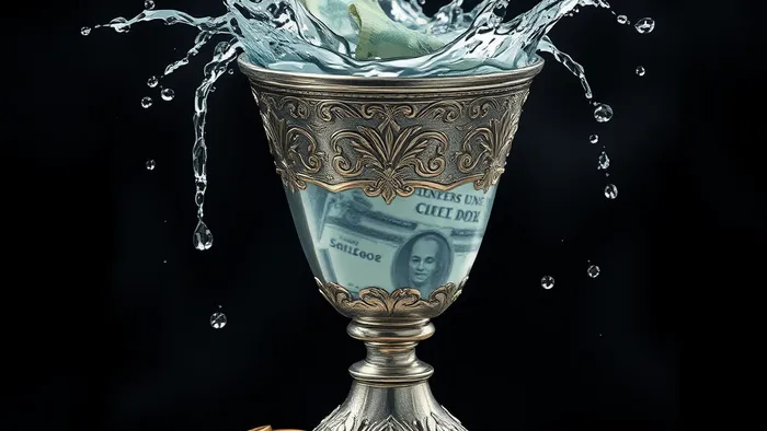 Символическое изображение Туза Кубков из Таро: чаша, переливающаяся водой, из которой рождаются монеты и купюры. Тема финансового изобилия через эмоции.