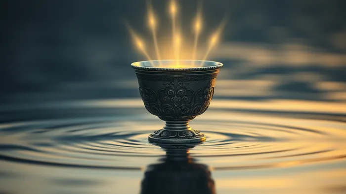 Мистическое изображение Туза Кубков: серебряная чаша парит на спокойной воде, из неё струятся пять потоков света. Символ эмоционального исцеления и баланса.